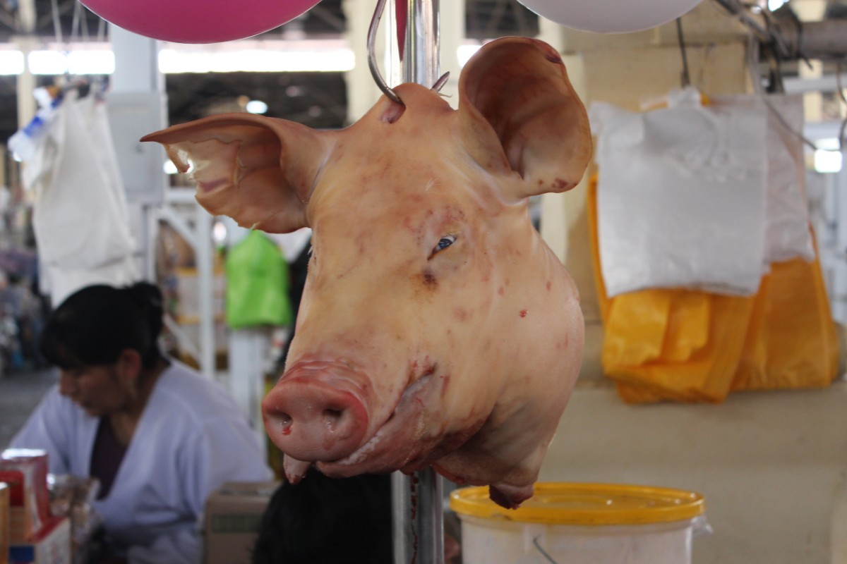 Cusco Peru San Pedro Markt Südamerika Schweinekopf Metzgerstand Fleisch Essen